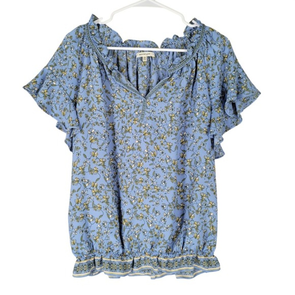Max Studio Blouse Women Size M Blue Floral Smocked Hem Flutter Sleeve